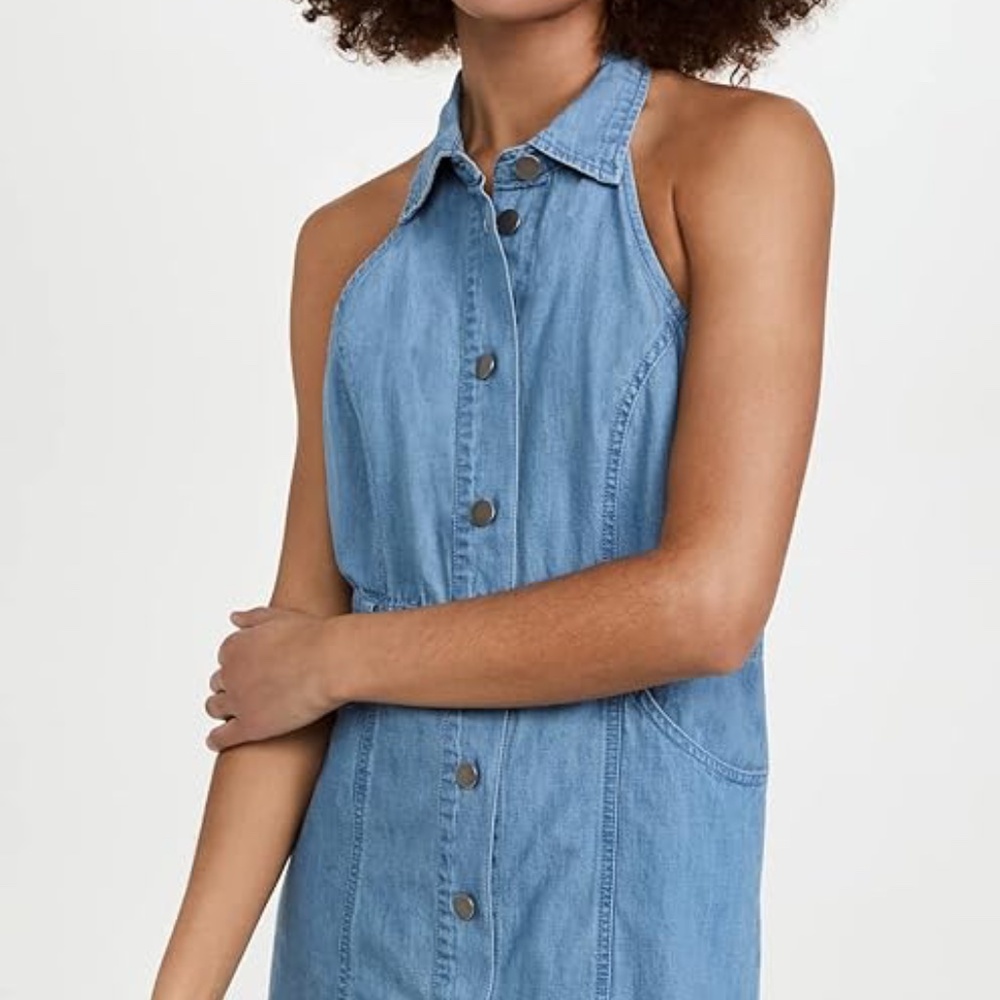 NEW Free People Sami Medium Wash Denim Button-Front Halter Mini Dress Light Blue